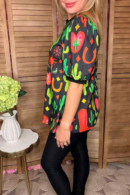 Western cactus printed short sleeve women t-shirt GJQ16614