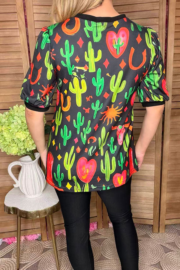 Western cactus printed short sleeve women t-shirt GJQ16614