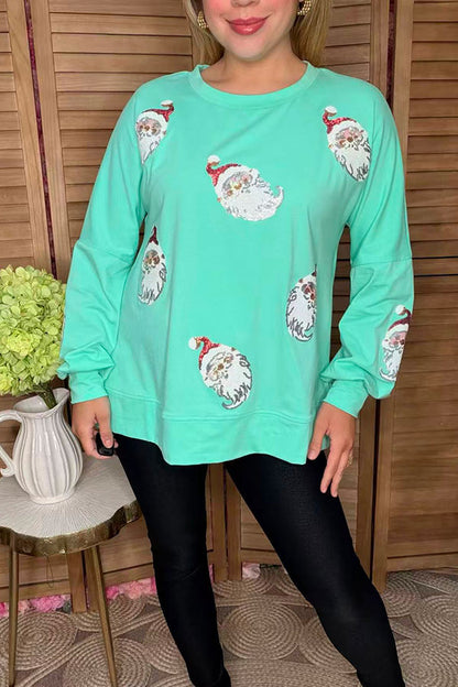 Christmas sequin santa pacth turqupoise long sleeve women blouse w/slit XCH16547