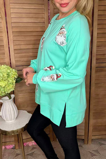 Christmas sequin santa pacth turqupoise long sleeve women blouse w/slit XCH16547