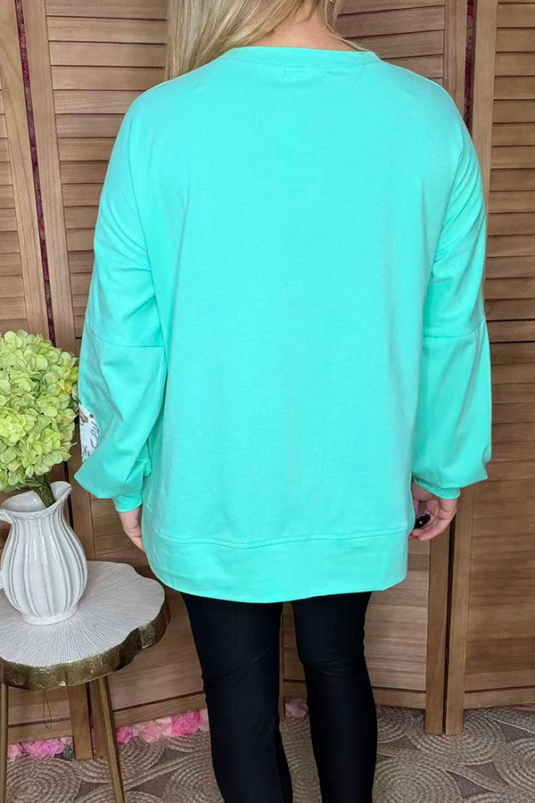 Christmas sequin santa pacth turqupoise long sleeve women blouse w/slit XCH16547