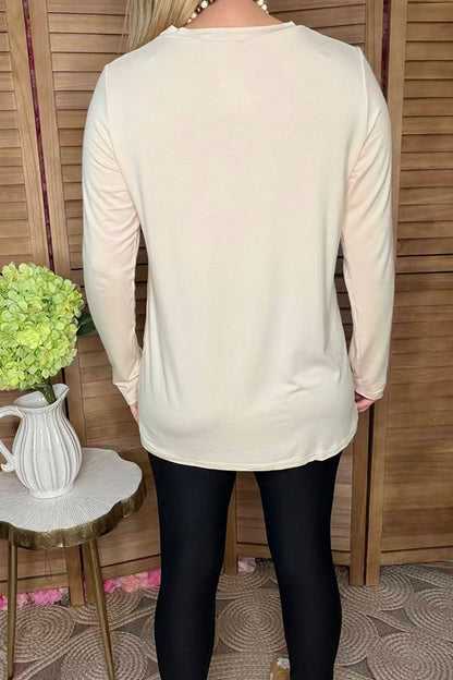Cream solid color long sleeve women top YMY15533