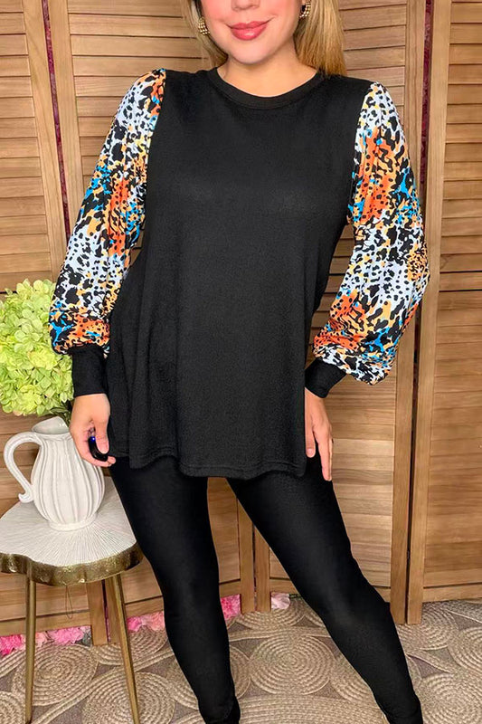 Multi color leopard long sleeve knit black women blouse XCH16655