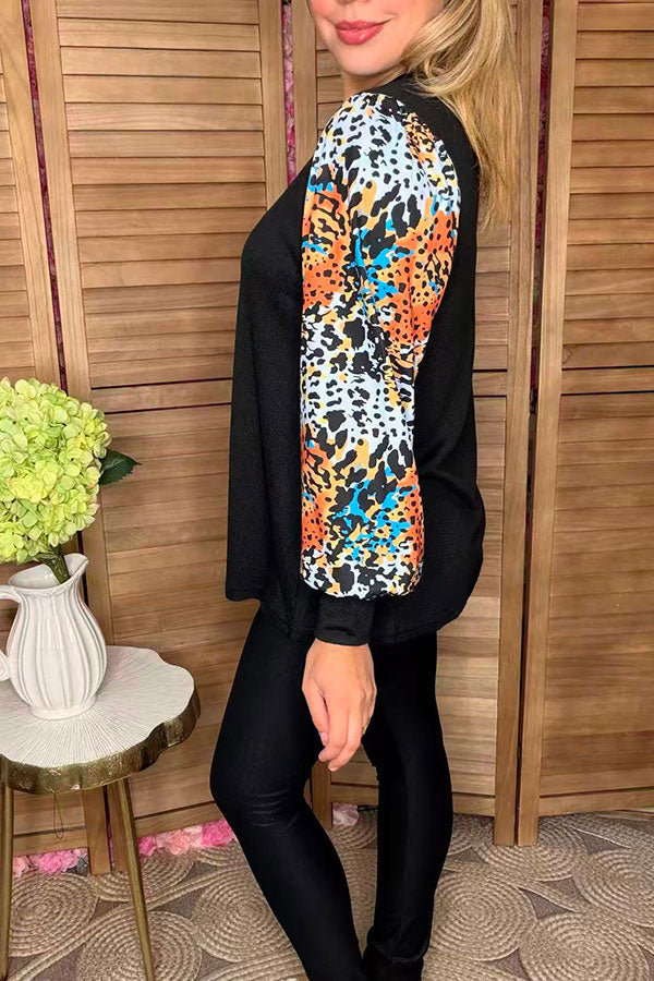 Multi color leopard long sleeve knit black women blouse XCH16655