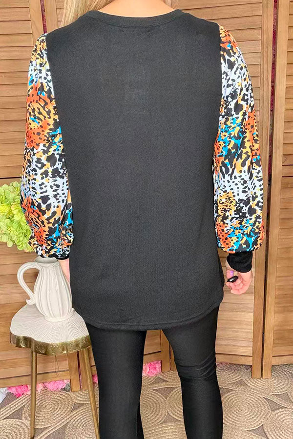 Multi color leopard long sleeve knit black women blouse XCH16655