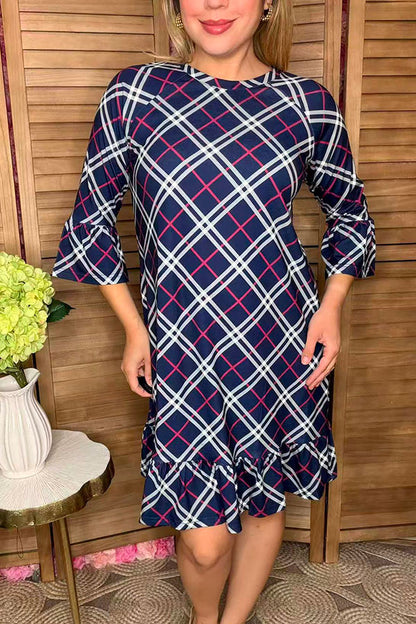 Navy blue & purple plaid printed 3/4 sleeve ruffle women dress GJQ12130