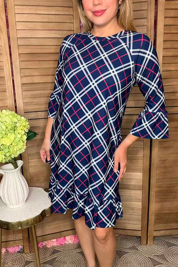 Navy blue & purple plaid printed 3/4 sleeve ruffle women dress GJQ12130