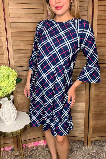 Navy blue & purple plaid printed 3/4 sleeve ruffle women dress GJQ12130
