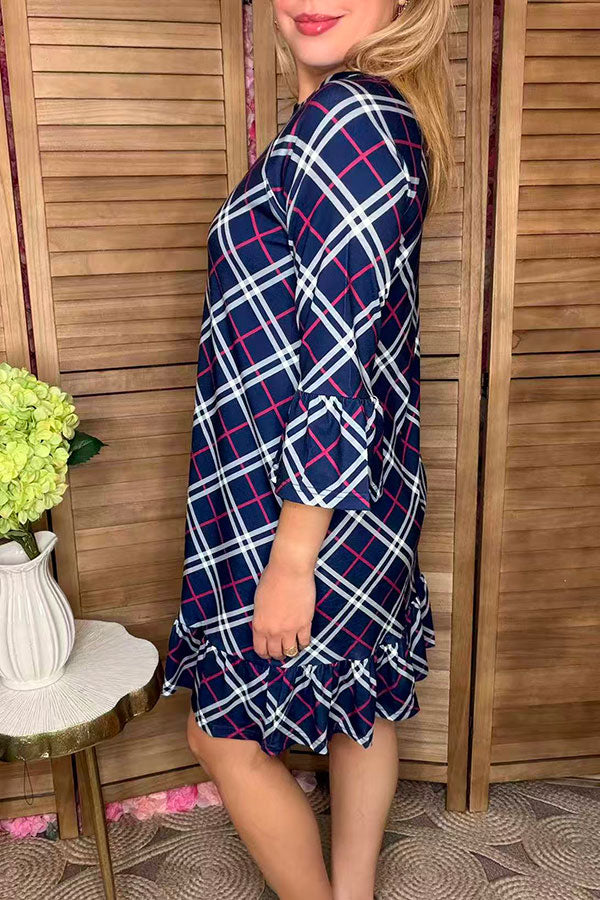Navy blue & purple plaid printed 3/4 sleeve ruffle women dress GJQ12130