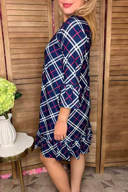 Navy blue & purple plaid printed 3/4 sleeve ruffle women dress GJQ12130