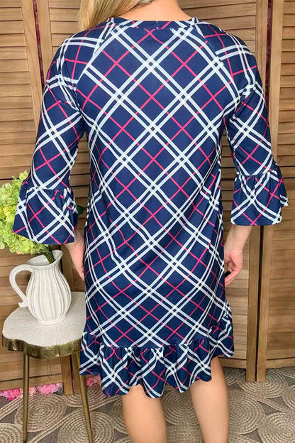 Navy blue & purple plaid printed 3/4 sleeve ruffle women dress GJQ12130