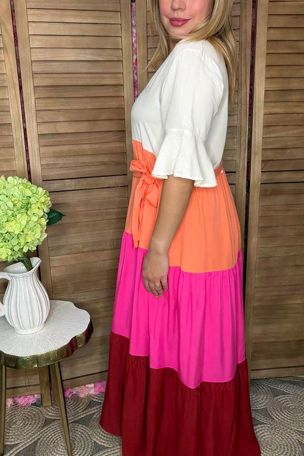White & orange & hot pink & red color block maxi women dress BQ15551 Lulu Clothes White & orange & hot pink & red color block maxi women dress BQ15551 Lulu Clothes