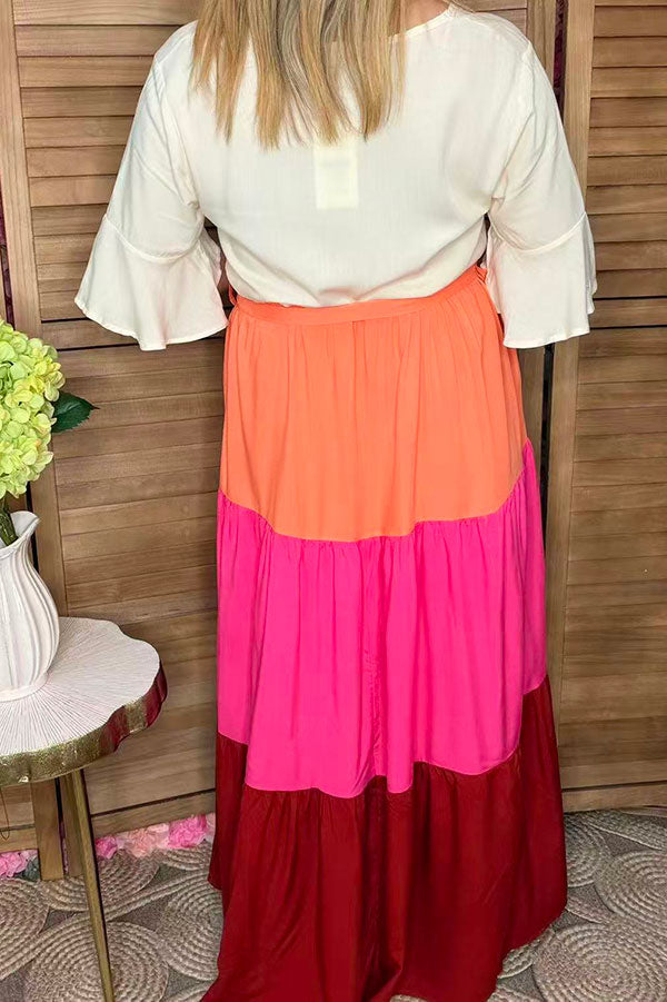 White & orange & hot pink & red color block maxi women dress BQ15551