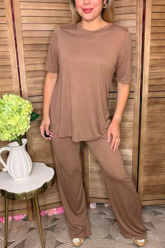 Khaki short sleeve top & straight pant 2pc women outfit sets GJQ15828