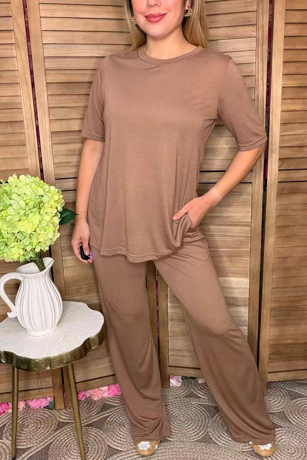 Khaki short sleeve top & straight pant 2pc women outfit sets GJQ15828