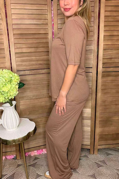 Khaki short sleeve top & straight pant 2pc women outfit sets GJQ15828
