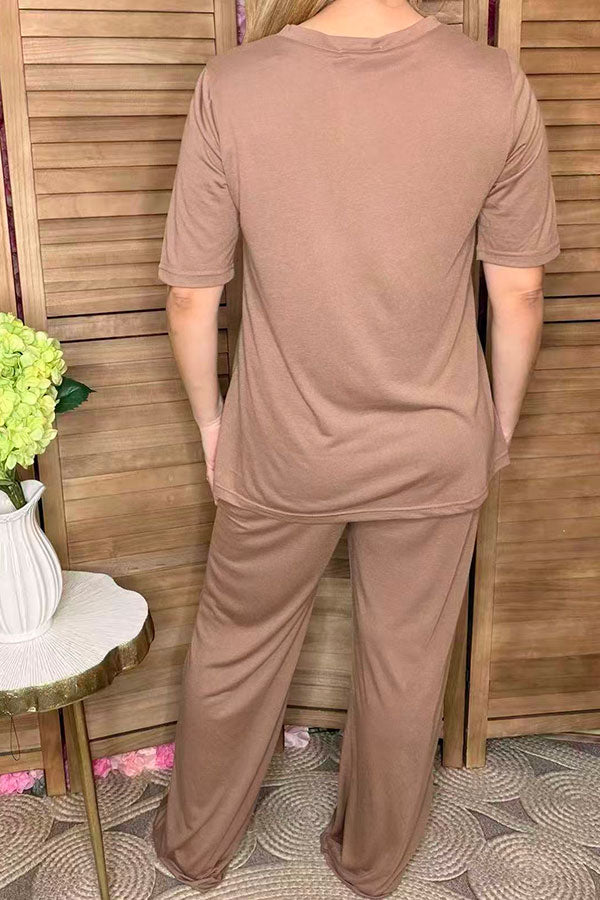 Khaki short sleeve top & straight pant 2pc women outfit sets GJQ15828