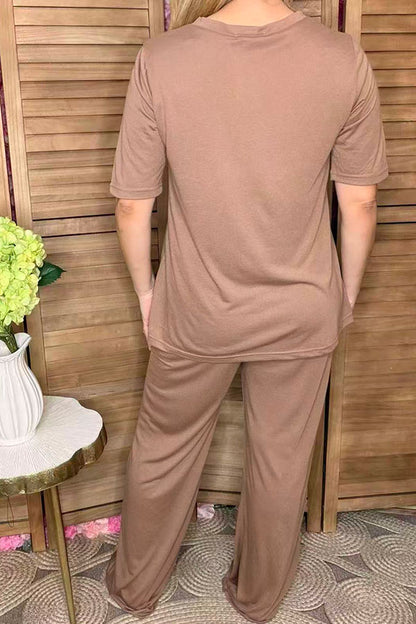 Khaki short sleeve top & straight pant 2pc women outfit sets GJQ15828