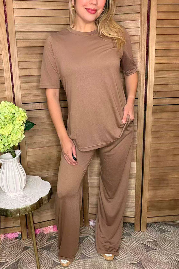 Khaki short sleeve top & straight pant 2pc women outfit sets GJQ15828