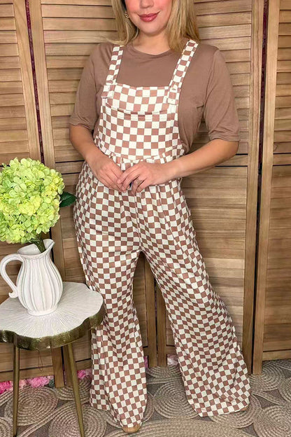 Brown white checker one piece casual women jumpsuit XCH16724