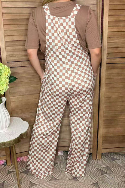Brown white checker one piece casual women jumpsuit XCH16724