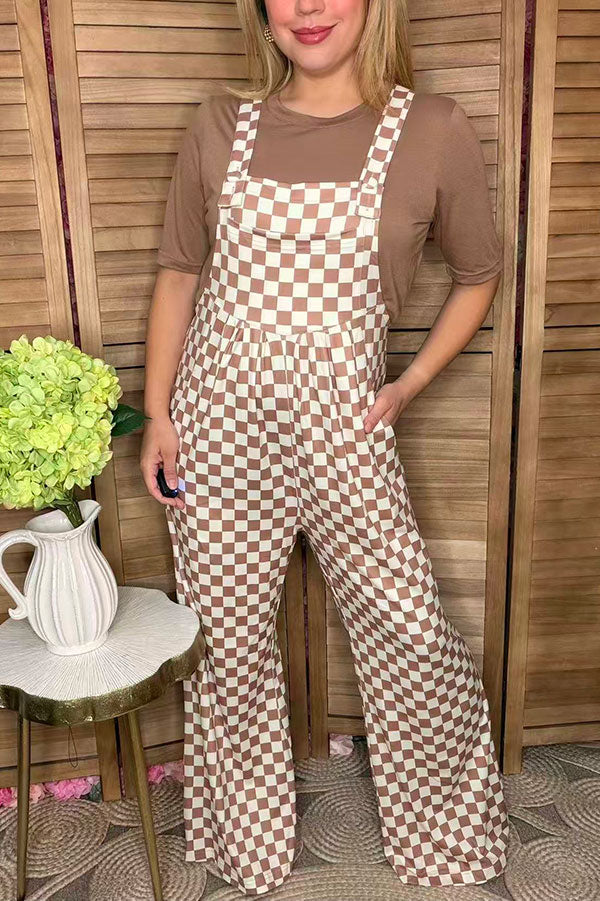 Brown white checker one piece casual women jumpsuit XCH16724