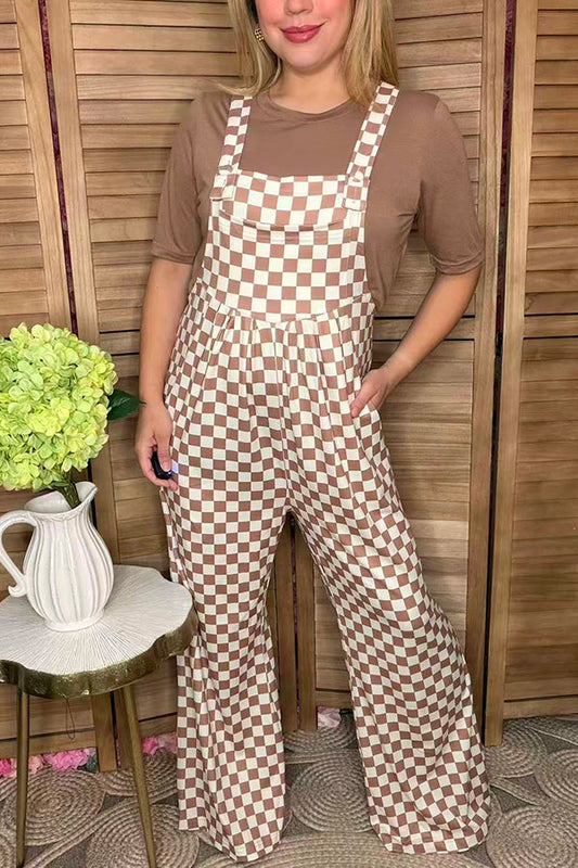 Brown white checker one piece casual women jumpsuit XCH16724
