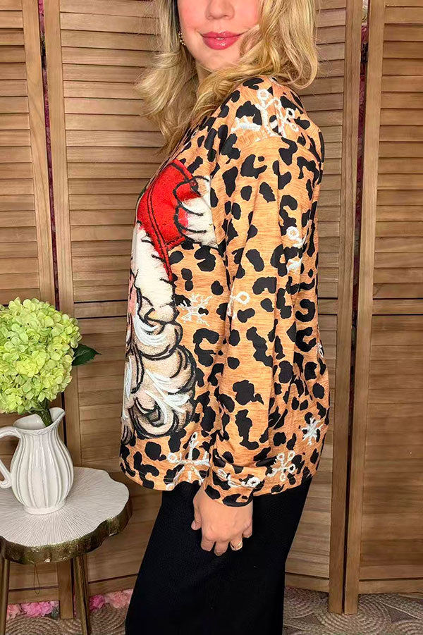 Chrismtmas santa & leopard printed long sleeve women blouse
