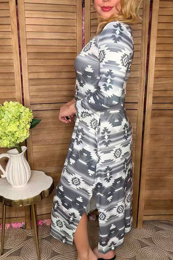 Western aztec printed 3/4 sleeve maix women dress GJQ15566