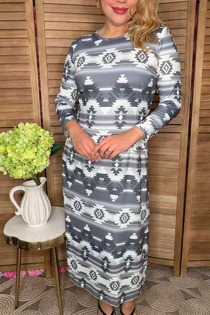 Western aztec printed 3/4 sleeve maix women dress GJQ15566