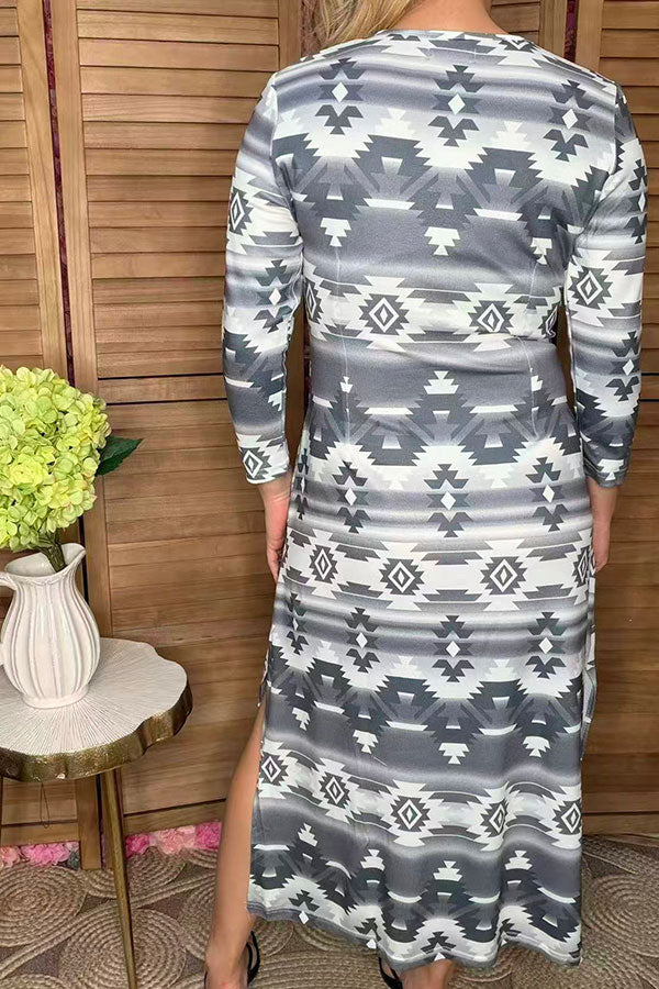 Western aztec printed 3/4 sleeve maix women dress GJQ15566