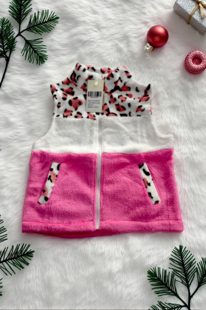 Leopard & white & pink fleece sleeveless girls vest XCH02030
