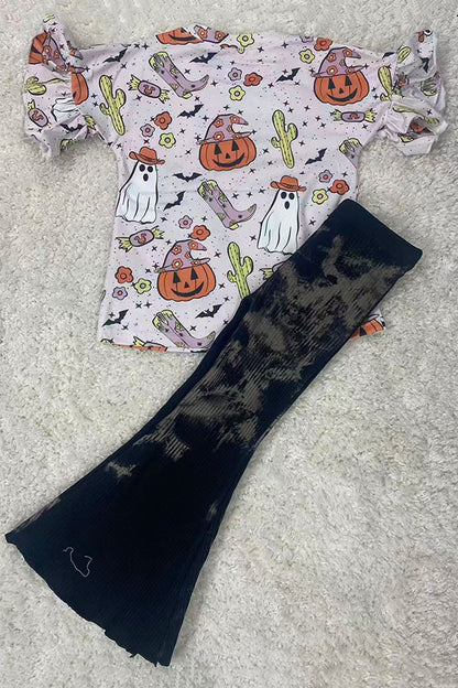 Halloween pumpkin & ghost printed ruffle short sleeve girls top D2617