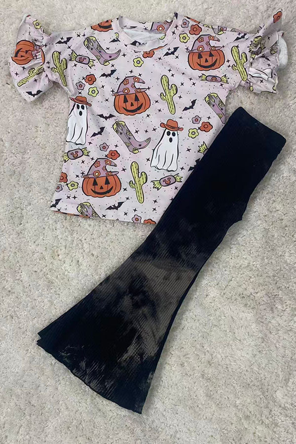 Halloween pumpkin & ghost printed ruffle short sleeve girls top D2617