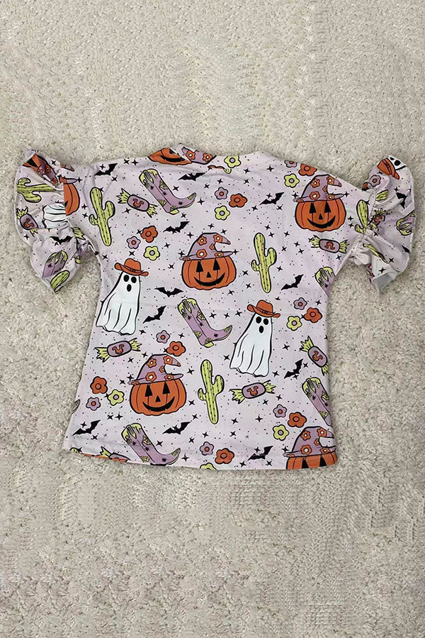 Halloween pumpkin & ghost printed ruffle short sleeve girls top D2617