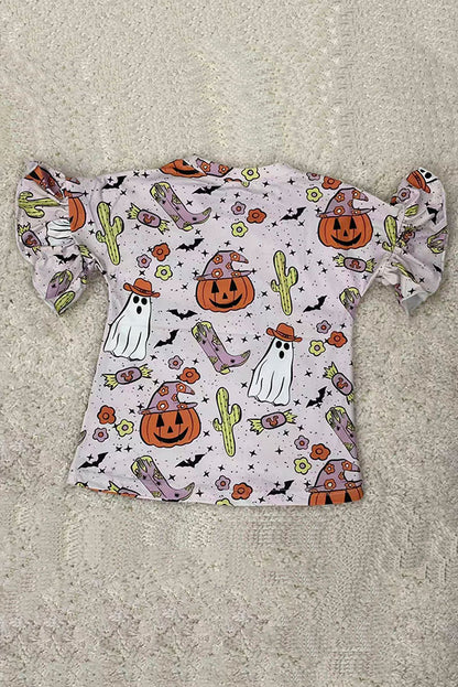 Halloween pumpkin & ghost printed ruffle short sleeve girls top D2617