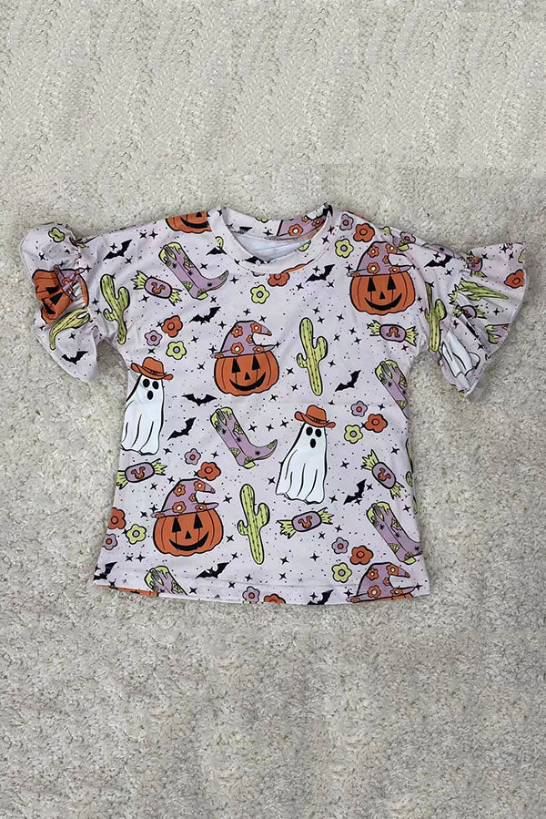 Halloween pumpkin & ghost printed ruffle short sleeve girls top D2617