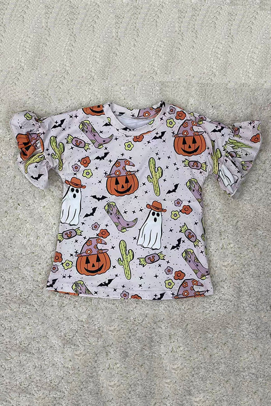 Halloween pumpkin & ghost printed ruffle short sleeve girls top D2617