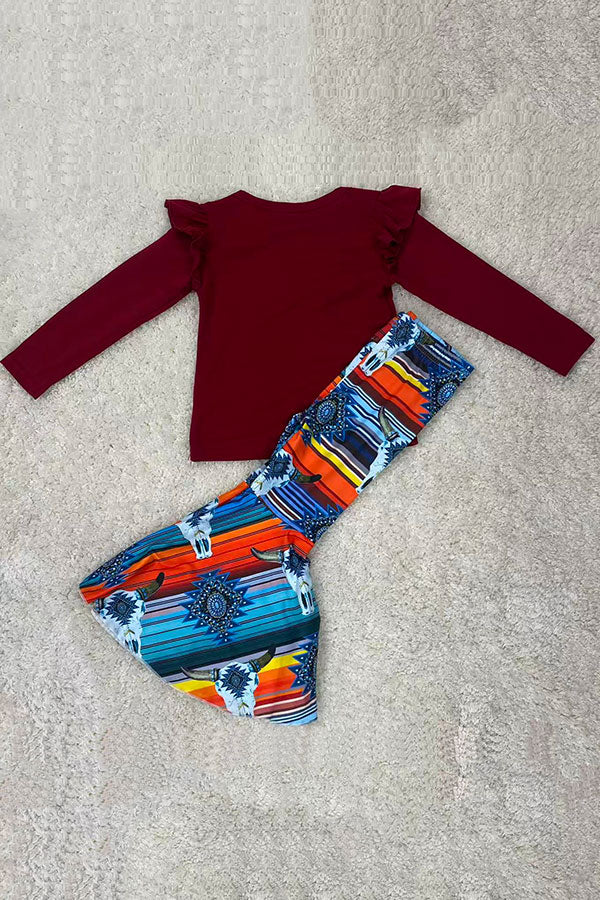 Burgundy long sleeve top & serape bell bottom 2pcs girls sets DLH2700