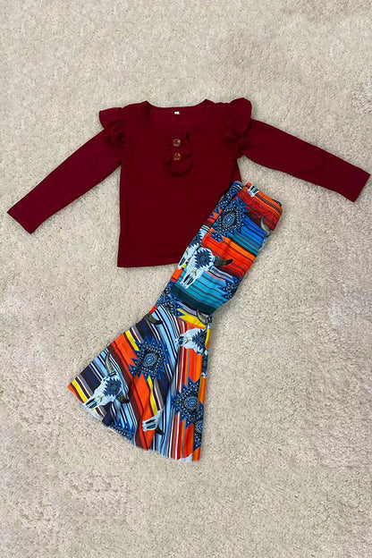 Burgundy long sleeve top & serape bell bottom 2pcs girls sets DLH2700