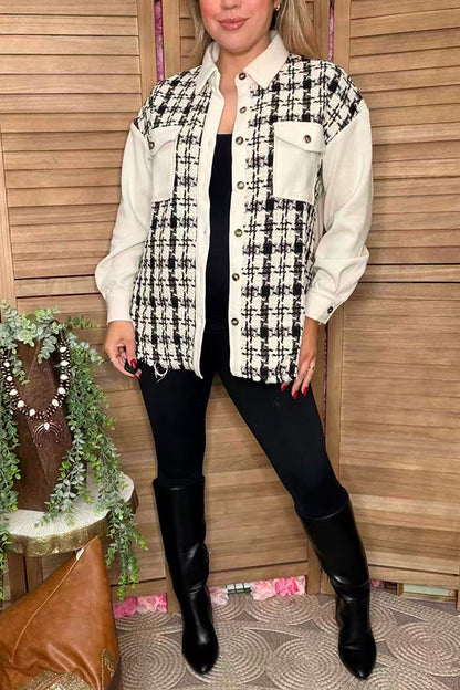 Checkered & cream long sleeve women jacket w/pockets XCH16528