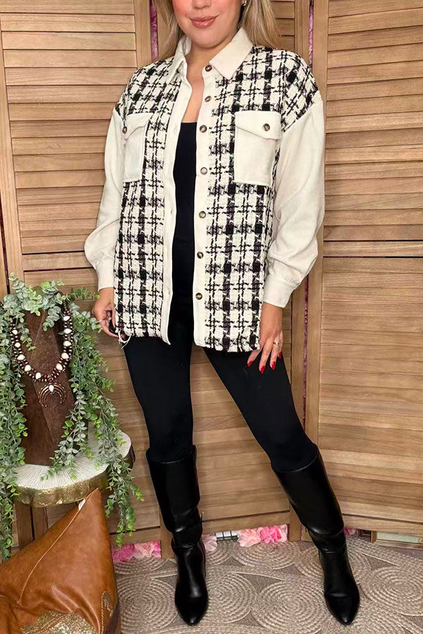 Checkered & cream long sleeve women jacket w/pockets XCH16528