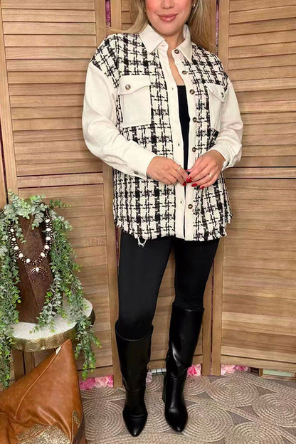 Checkered & cream long sleeve women jacket w/pockets XCH16528