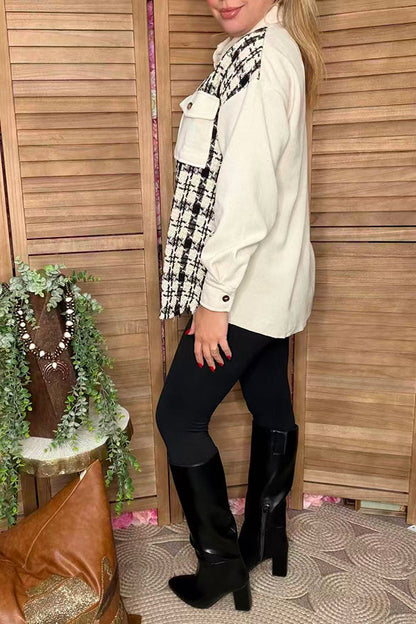 Checkered & cream long sleeve women jacket w/pockets XCH16528
