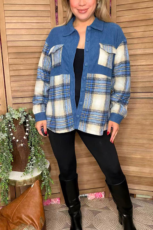 Blue plaid long sleeve women jacket w/buttons up XCH16527