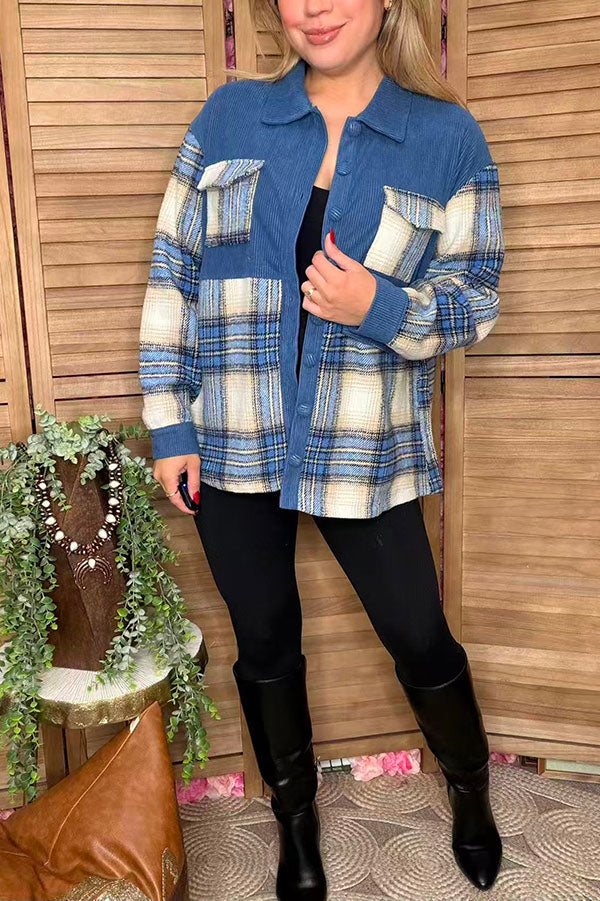Blue plaid long sleeve women jacket w/buttons up XCH16527
