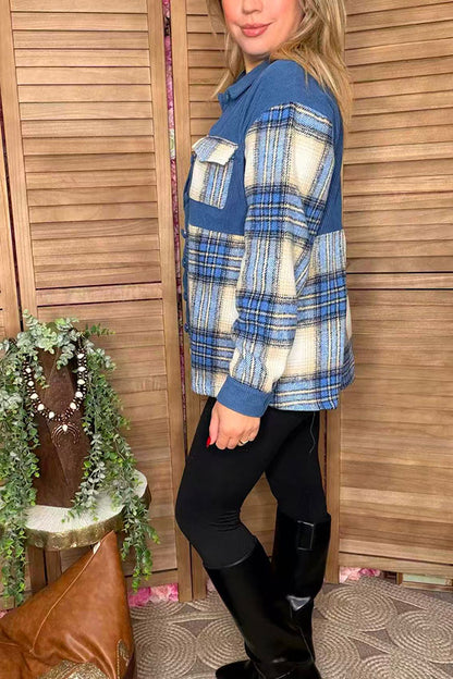 Blue plaid long sleeve women jacket w/buttons up XCH16527