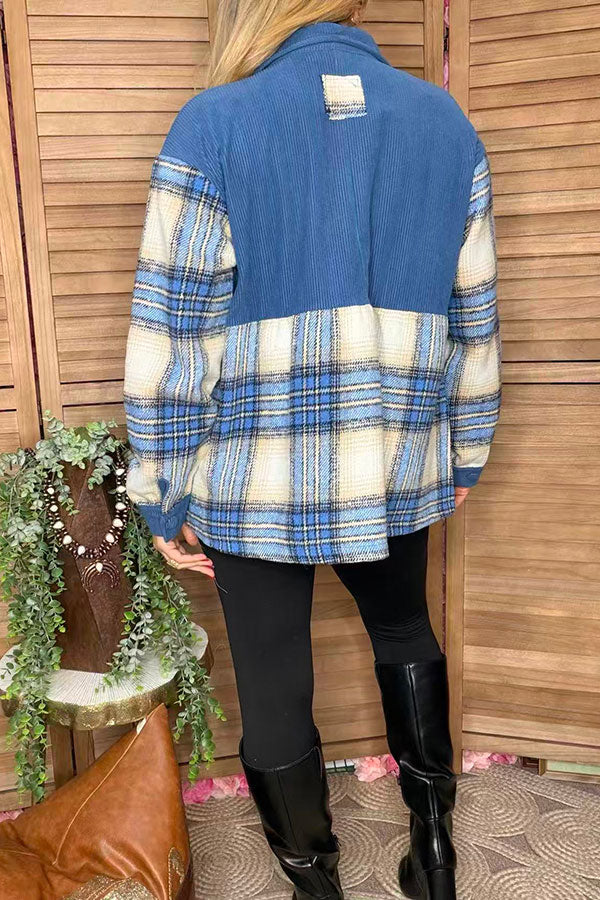 Blue plaid long sleeve women jacket w/buttons up XCH16527