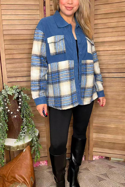Blue plaid long sleeve women jacket w/buttons up XCH16527