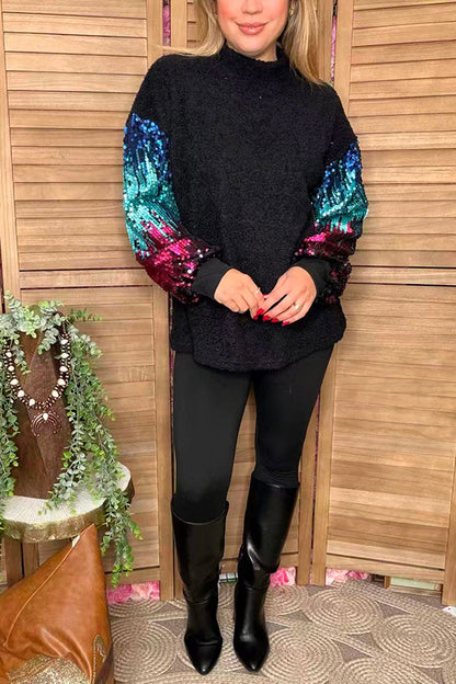 Western sequin long sleeve black women top w/tighten cuff BQ15437